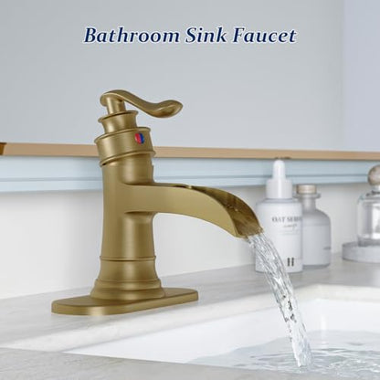 BWE Antique Brass Waterfall Bathroom Faucet, Single Hole Vanity Faucet with Pop Up Drain and Supply Hose for Rustic Home, Powder Room and Guest Bathroom, Solid Brass Construction - color: Antique Brass