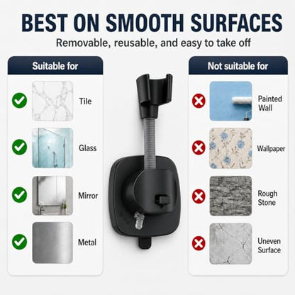 Suction Cup Shower Head Holder, Black Lever Lock Adjustable | Strong Suction Hold, Lever-Lock No-Drill Mount, Adjustable for Tile, Glass, Marble and Metal; Fits Most 1/2-Inch Hoses - style: Matte Black-D