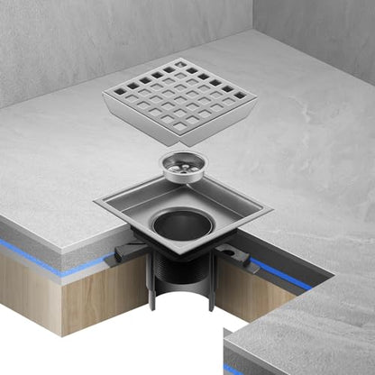 Shower Drain, Chrome 4 inch Square Shower Floor Drain with Flange, Silver Removeable Grid Panel SUS 304 Stainless Steel Square Shower Drain - color: Chrome, size: 4 inch