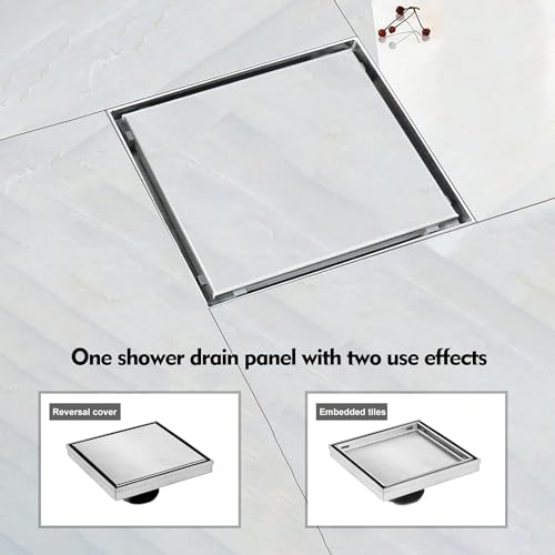 ELLO&ALLO 6 Inch Square Shower Drain Floor Drain with Flange Reversible 2-in-1 Cover Tile Insert Grate Removable SUS304 Stainless Steel in Brushed Nickel - color: Brushed Nickel, size: 6 Inch Tile insert Cover