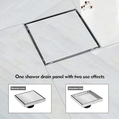 ELLO&ALLO 6 Inch Square Shower Drain Floor Drain with Flange Reversible 2-in-1 Cover Tile Insert Grate Removable SUS304 Stainless Steel in Brushed Nickel - color: Brushed Nickel, size: 6 Inch Tile insert Cover