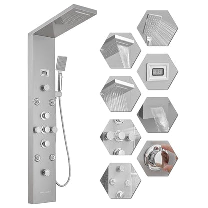 BWE Shower Panel Tower System with Rainfall Waterfall Head | Adjustable Massage Body Jets, Temperature Display Wall Mount Shower Column, Stainless Steel Brushed Nickel and Chrome