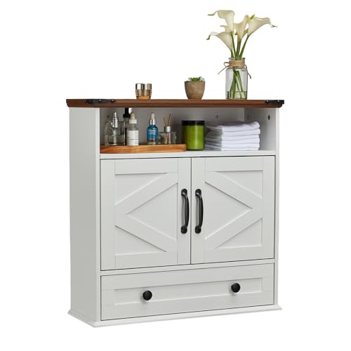 Bathroom Cabinet with Double Barn Doors – Wall Mounted Medicine Cabinet over Toilet with Adjustable Shelf & Drawer, 25" Wide Hangging Storage Cabinet for Bathroom, Kitchen, Laundry, Entryway White - color: White