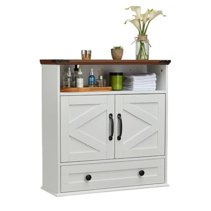 Bathroom Cabinet with Double Barn Doors – Wall Mounted Medicine Cabinet over Toilet with Adjustable Shelf & Drawer, 25" Wide Hangging Storage Cabinet for Bathroom, Kitchen, Laundry, Entryway White - color: White