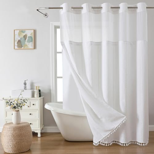 eachope White Farmhouse No Hook Shower Curtain Set with Snap-in Fabric Liner,Boho Heavy-Duty Linen Textured Rustic Striped Design,Water-Repellent with Tassels and Sheer Window,71x74 - color: White, size: 71"W x 74"L (Pack of 1)