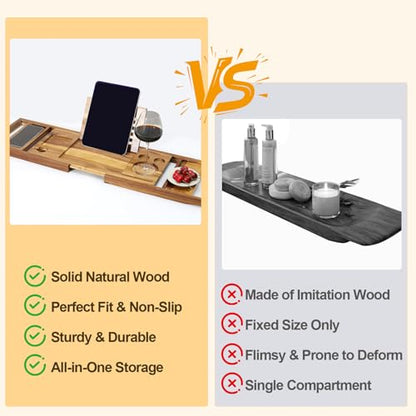 Expandable Wooden Tray Bathtub Tray, Bathroom Tray with Reading Rack & Wine Cup Slot.