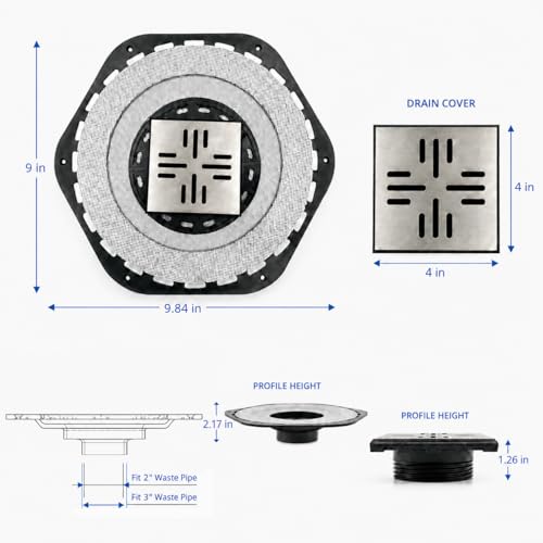 4-Inch Square Shower Drain Kit, Hex Bonding Flange, Brushed Silver | Removable 304 stainless steel grate with hair strainer; fits 2- and 3-inch pipes for tiled shower floors and wet areas - size: 4in-Brushed Stainless Steel(N)