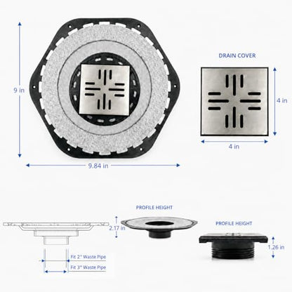 4-Inch Square Shower Drain Kit, Hex Bonding Flange, Brushed Silver | Removable 304 stainless steel grate with hair strainer; fits 2- and 3-inch pipes for tiled shower floors and wet areas - size: 4in-Brushed Stainless Steel(N)