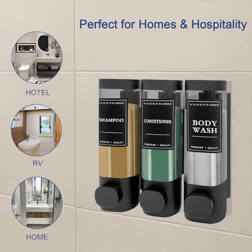 3-Chamber Wall Mount Shower Dispenser, No-Drill or Drill Install for Shampoo, Conditioner, Body Wash, Refillable Soap Dispenser for Home, RV & Hotel, Eco-Friendly & Space-Saving (Matte Black) - color: Matte Black