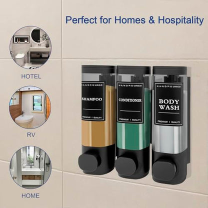 3-Chamber Wall Mount Shower Dispenser, No-Drill or Drill Install for Shampoo, Conditioner, Body Wash, Refillable Soap Dispenser for Home, RV & Hotel, Eco-Friendly & Space-Saving (Matte Black) - color: Matte Black