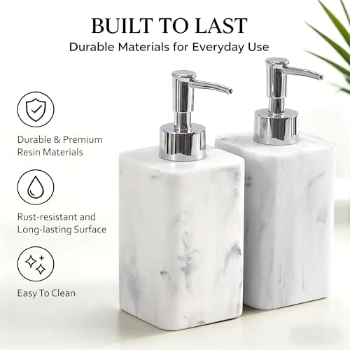 2 pcs Hand Soap Dispenser Set, 11oz Refillable Resin Liquid Soap Dispensers with Rustproof Pump, Lotion Dispenser Includes Silicone Funnel for Bathroom Countertop or Kitchen, Marble-Effect - color: Marble White