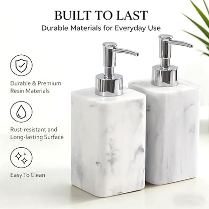 2 pcs Hand Soap Dispenser Set, 11oz Refillable Resin Liquid Soap Dispensers with Rustproof Pump, Lotion Dispenser Includes Silicone Funnel for Bathroom Countertop or Kitchen, Marble-Effect - color: Marble White