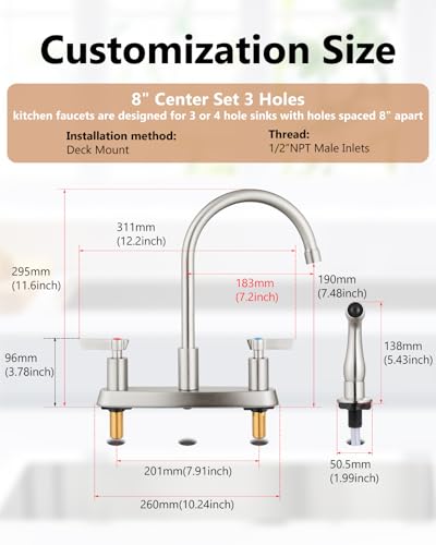 Kitchen Faucet with Side Sprayer, 8 Inch Centerset 4-Hole Nickel | Lead-Free 4-Hole High Arc Kitchen Sink Faucet, 1.8 GPM, 360° Spout - color: Nickel