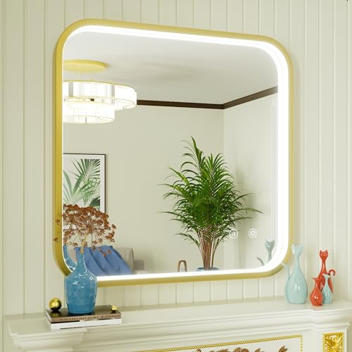 30"x30" Gold LED Bathroom Mirror with Lights,3000K/4500K/6000K | Stepless Dimmable, Anti-Fog, Memory Function, Aluminum Frame Wall Mount Lighted Vanity Mirror, ETL Listed, IP54 Waterproof - color: Gold, size: 30"L x 30"W