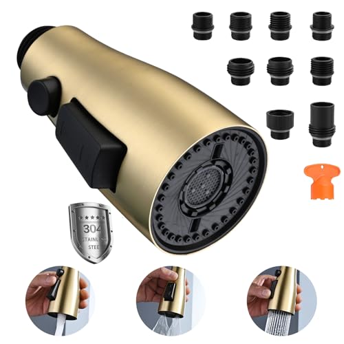 Metal Kitchen Faucet Head Replacement, 3 Functions Kitchen Faucet Head High Pressure, Brushed Gold Pull Down Kitchen Sink Sprayer Replacement with 9 Adapters Compatible with Most Faucets - color: ‎Brushed Gold