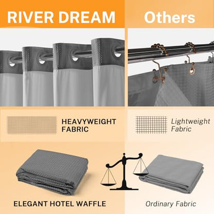 River Dream No Hooks Shower Curtain with 2 Snap in Liner, Gray, 71Wx74H | Waffle Weave, 1 Attached Snap in Liner and 1 Extra Replacement Liner, Bathroom Curtains Shower Set, Hotel Grade, Spa Like - color: Grey