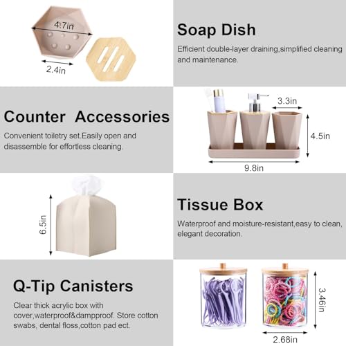 Beige Bathroom Accessories Set, 10 Pieces Bamboo Bathroom Set with Trash Can, Tray, Soap Dispenser, Soap Dish, Toothbrush Holder, Toothbrush Cup, Tissue Holder, Toilet Brush and Qtip Holders