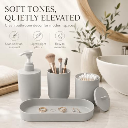 LGURT Light Gray Bath Accessories — 4-Pc Dispenser, Cup, Tumbler & Tray | Plastic, Vanity Tray (7.87"×2.56"), Apartment Dorm Guest Bath, Soap Dish, Gift - color: Light Gray
