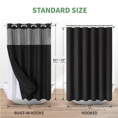 eachope Black Long No Hook Shower Curtain with Snap-in Fabric Liner Set,Slub Textured Fabric Shower Curtains for Bathroom,Hotel Style Modern Shower Curtain,Water Repellent & Washable,71x80(78) | Extra Long Hotel Style Fabric with See-Through Top Window, W