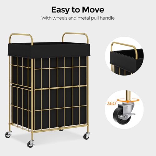 90L Laundry Hamper with Wheels, Laundry Basket with Handle and Liner Bag | Lockable Casters; Reinforced Frame; Breathable Fabric; Space-Efficient Design - color: Golden+Black, size: 90L-1 Section