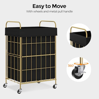90L Laundry Hamper with Wheels, Laundry Basket with Handle and Liner Bag | Lockable Casters; Reinforced Frame; Breathable Fabric; Space-Efficient Design - color: Golden+Black, size: 90L-1 Section