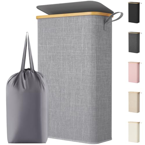 Lifewit 65L Slim Laundry Hamper with Lid, Narrow Laundry Basket with Removable Bag & Bamboo Handles, Fodable Thin Dirty Clothes Hamper for Laundry Collapsible Bin for Bathroom Bedroom Dorm, Gray - color: Gray, size: 65L