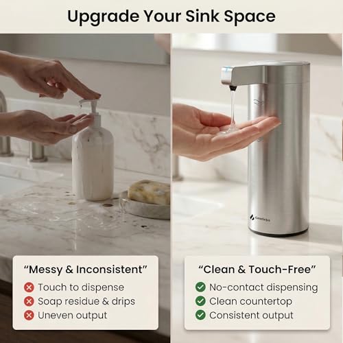 GentleJet SmoothDrop Automatic Liquid Soap Dispenser Touchless, No-Drip Precision Pump, USB-C Rechargeable, 304 Stainless Steel, Waterproof Countertop Dispenser for Kitchen & Bathroom Sink, 270 ml - color: Silver