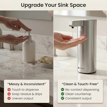 GentleJet SmoothDrop Automatic Liquid Soap Dispenser Touchless, No-Drip Precision Pump, USB-C Rechargeable, 304 Stainless Steel, Waterproof Countertop Dispenser for Kitchen & Bathroom Sink, 270 ml - color: Silver