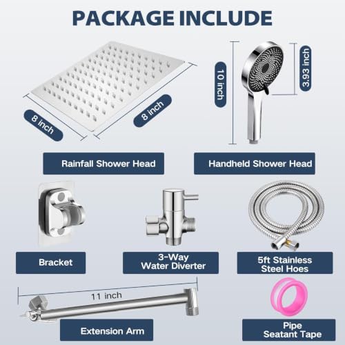Shower Head, Rain Shower Head with Handheld Spray Combo, 8 Inch Adjustable High Pressure Rainfall Shower Head, Dual Showerhead Set with Extension Arm - color: Sliver, size: 8 Inch