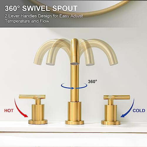 Brushed Gold Bathroom Faucet 3 Hole, 8 Inch Widespread Bathroom Sink Faucets 2 Handle Lavatory Faucet Gold Vanity Faucet with Pop-Up Drain & cUPC Faucet Supply Lines - color: Gold