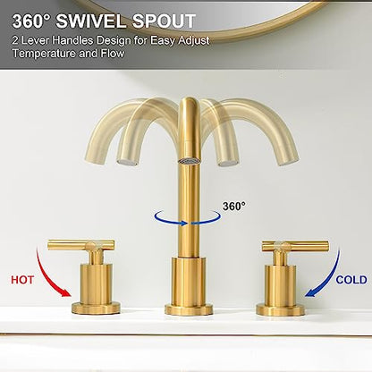 Brushed Gold Bathroom Faucet 3 Hole, 8 Inch Widespread Bathroom Sink Faucets 2 Handle Lavatory Faucet Gold Vanity Faucet with Pop-Up Drain & cUPC Faucet Supply Lines - color: Gold