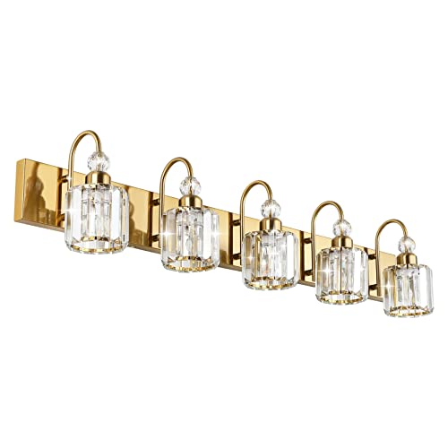 Ralbay Crystal Vanity Lights 5-Lights Brass Gold Over Mirror Modern Bathroom Wall Lighting Fixtures - color: Round-Brass, size: 5-light