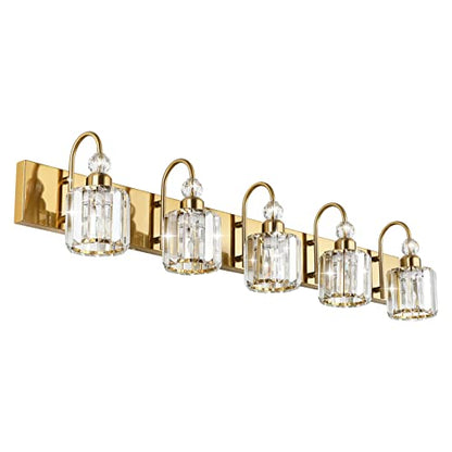 Ralbay Crystal Vanity Lights 5-Lights Brass Gold Over Mirror Modern Bathroom Wall Lighting Fixtures - color: Round-Brass, size: 5-light