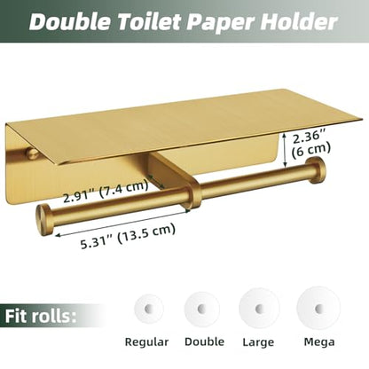 Double Roll Toilet Paper Holder, Brushed Gold, 304 Stainless Steel | Wide Utility Shelf, Phone & Wet Wipe Storage, Modern Bathroom Upgrade, Guest Bath & Family Bathroom Use - color: Brushed Gold, size: Double Rod