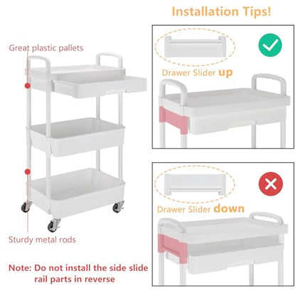Calmootey 3-Tier Rolling Utility Cart with Drawer,Multifunctional Storage Organizer with Plastic Shelf & Metal Wheels,Storage Cart for Kitchen,Bathroom,Living Room,Office,White | Space-Saving Organizer, Sturdy Plastic Shelves, Smooth-Rolling Metal Wheels,