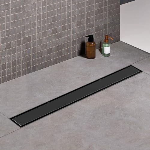 32 Inch Offset Linear Shower Drain,Black 304 Stainless Steel Brush | Offset Side Outlet,Easy to install,Tile-In Grate,Hair Catcher,Leveling Feet,Complete Install Kit, Removable Grate Cover - color: Black, size: 32 inch