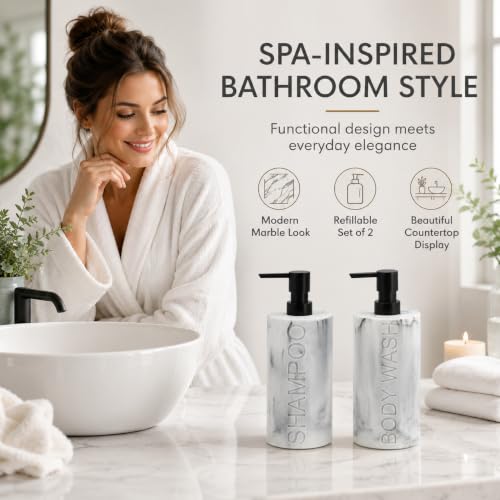 Marble Resin 2 Piece Shampoo and Body Wash Dispenser Set, Luxurious Refillable Pump Bottles with Matte Pump Top and Embossed Text, Durable Design for Bathroom and Shower - color: 2pack Marble Shampoo and Body Wash Set