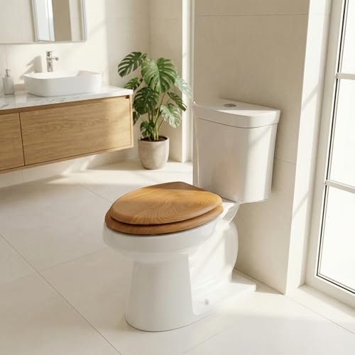 Wood Toilet Seat, Oak, Elongated, Soft Close | Magnetic Quick-Release for Easy Cleaning, Arch-Tite Never Loosens, Adjustable Fit - size: Elongated