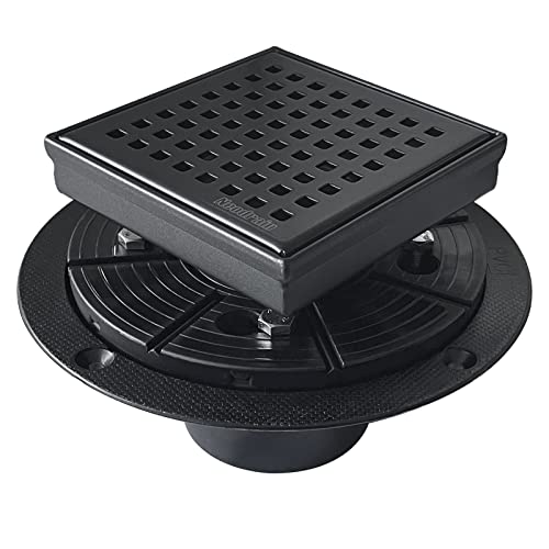 Neodrain 4" Shiny Black Square Shower Drain with Quadrato Pattern Grate | 304 Stainless Steel, Floor Drain with PVC Shower Drain Base and Rubber Gasket for Bathroom,Includes Hair Strainer - color: Shiny Black, size: 4 In