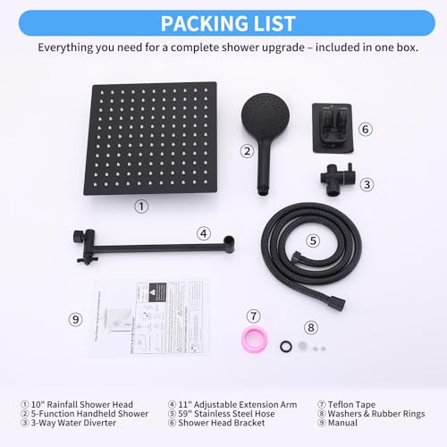 Peicuai Shower Head Combo, 10-Inch High-Pressure Rainfall Shower Head with 11-Inch Adjustable Extension Arm, 5-Setting Matte Black Handheld Shower with Long Hose, Powerful Spray for Low Water Pressure - color: 10-Inch Matte Black