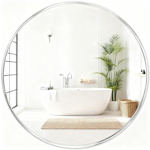 Fabuday Silver Circle Mirror for Wall 22 inch - Round Mirror for Bathroom, Entryway, Living Room, Hallway, Bedroom Decor, Small Chrome Frame Mirrors - color: Silver, size: 22"L x 22"W