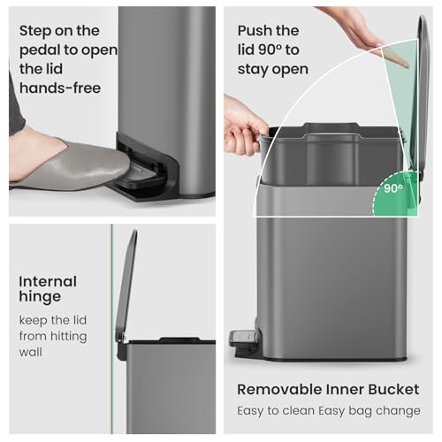 Cesun Small Bathroom Trash Can with Lid, 1.6 Gal, Soft Close, Gray | Step pedal soft close, Slim 5.9in fits narrow spaces, Stainless steel, Anti-fingerprint, Removable inner bucket, Odor seal - color: Gray