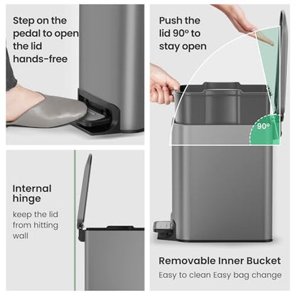Cesun Small Bathroom Trash Can with Lid, 1.6 Gal, Soft Close, Gray | Step pedal soft close, Slim 5.9in fits narrow spaces, Stainless steel, Anti-fingerprint, Removable inner bucket, Odor seal - color: Gray