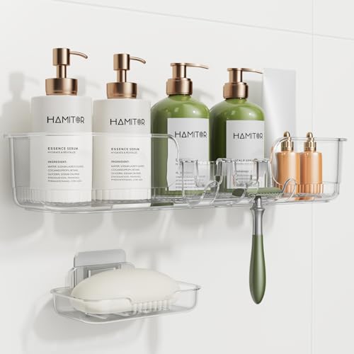 HAMITOR Adhesive Shower Caddy for Bathroom：2 Pack Clear Bath Shelves No Drilling for Modern Renters & Home Decor - Rustproof Acrylic Shower Organizer for Bathroom Storage - size: 2 Pack