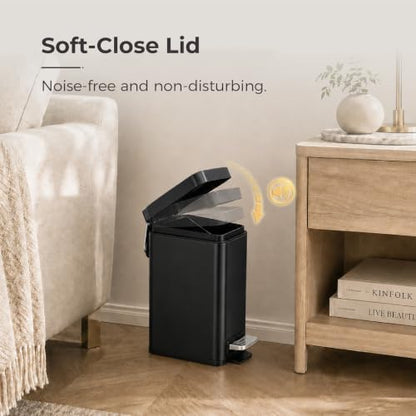 Sineng Bathroom Trash Can with Lid Soft Close, 1.6 Gallon Stainless Steel Small Pedal Garbage Can with Removable Inner Bucket, Waste Bin for Kitchen Bedroom, Compact Toilet Trash bin, Black - color: Black