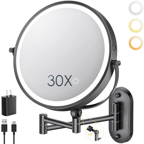 ZLOKLA 9" Wall Mounted Lighted Makeup Mirror,4000mAh Rechargeable Double Sided 1X/30X Magnifying Mirror with Light,Touch Dimmable,Extended Arm 360 Rotation Wall Mounted Makeup Mirror 3 Color Lights - color: 30x-black