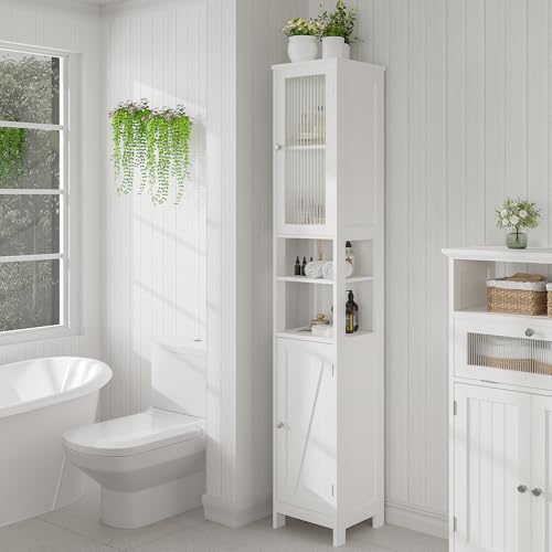 ChooChoo Narrow Bathroom Storage Cabinet with Light, Space Saving | Space Saving,Tall Bathroom Storage Cabinet, 5-Tier, 2 Doors, Slim, Freestanding, Adjustable Shelves, White - color: White