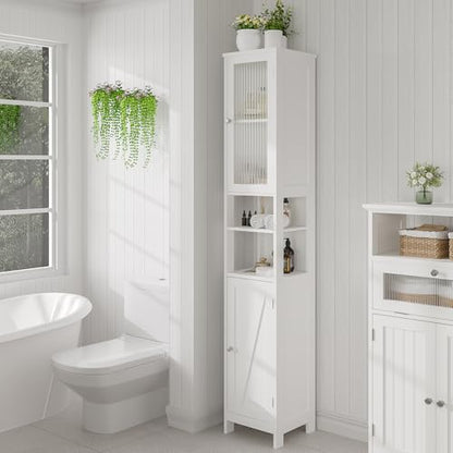 ChooChoo Narrow Bathroom Storage Cabinet with Light, Space Saving | Space Saving,Tall Bathroom Storage Cabinet, 5-Tier, 2 Doors, Slim, Freestanding, Adjustable Shelves, White - color: White