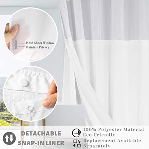 71x86 White Waffle Weave Fabric No Hooks Shower Curtain with Removable Polyeste Liner - Heavy Duty Bath Curtain with See Through Top Machine Washable - color: White, size: 71"W x 86"L (Pack of 1)