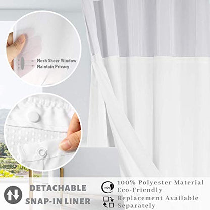71x86 White Waffle Weave Fabric No Hooks Shower Curtain with Removable Polyeste Liner - Heavy Duty Bath Curtain with See Through Top Machine Washable - color: White, size: 71"W x 86"L (Pack of 1)